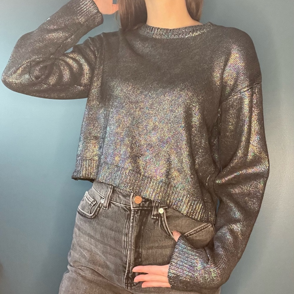 Cropped Iridescent Oil Slick Sweater